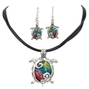 Multicolor Painted Silver Turtle Black Cord Necklace Earrings Set